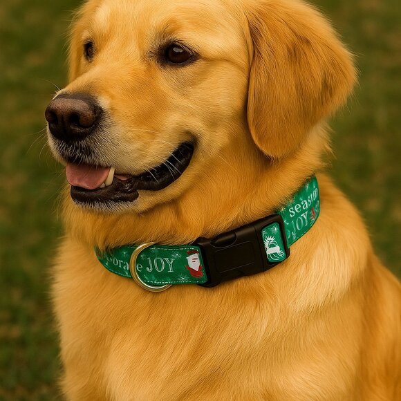 Christmas Dog Collar, Green Holiday Pet Collar, Santa and Reindeer Cotton Collar - Picture 2 of 5
